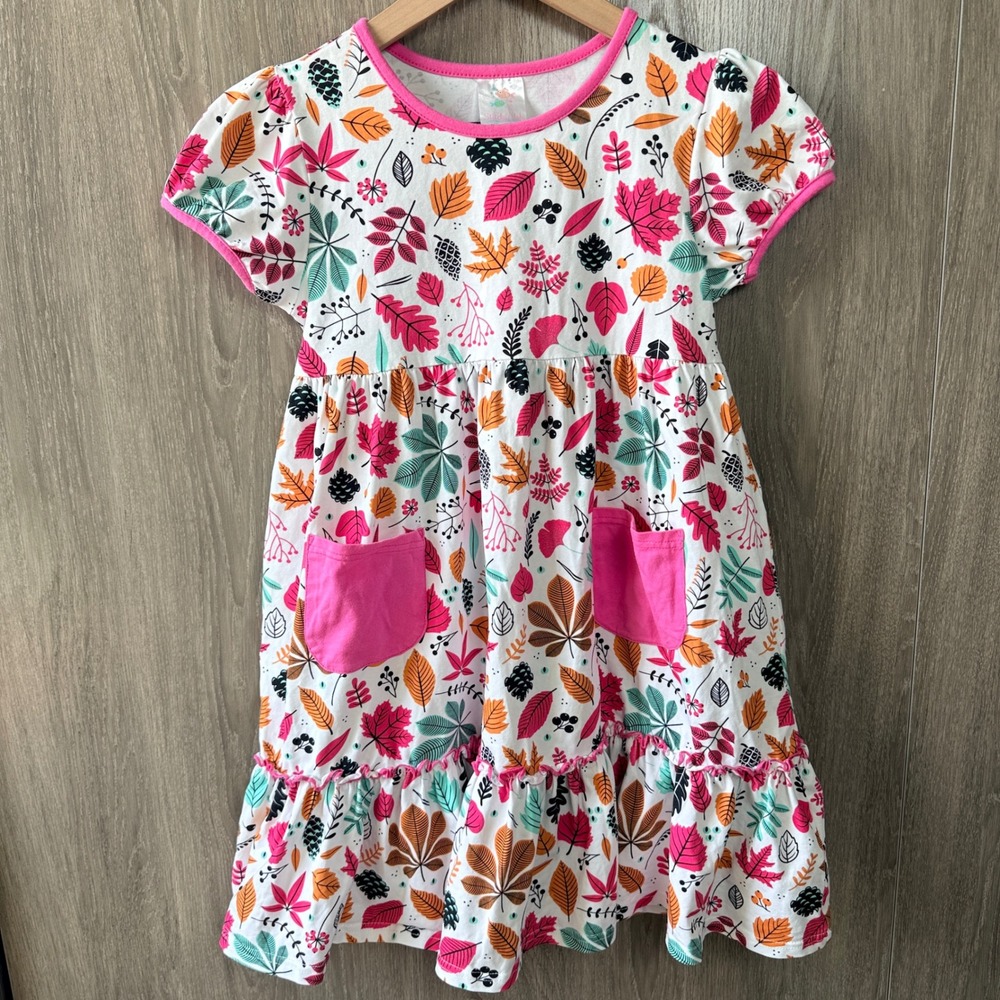Stitchy Fish‎ Berry Leafy Dress Girls 10 White Pink Autumn Ruffle Cotton Pockets